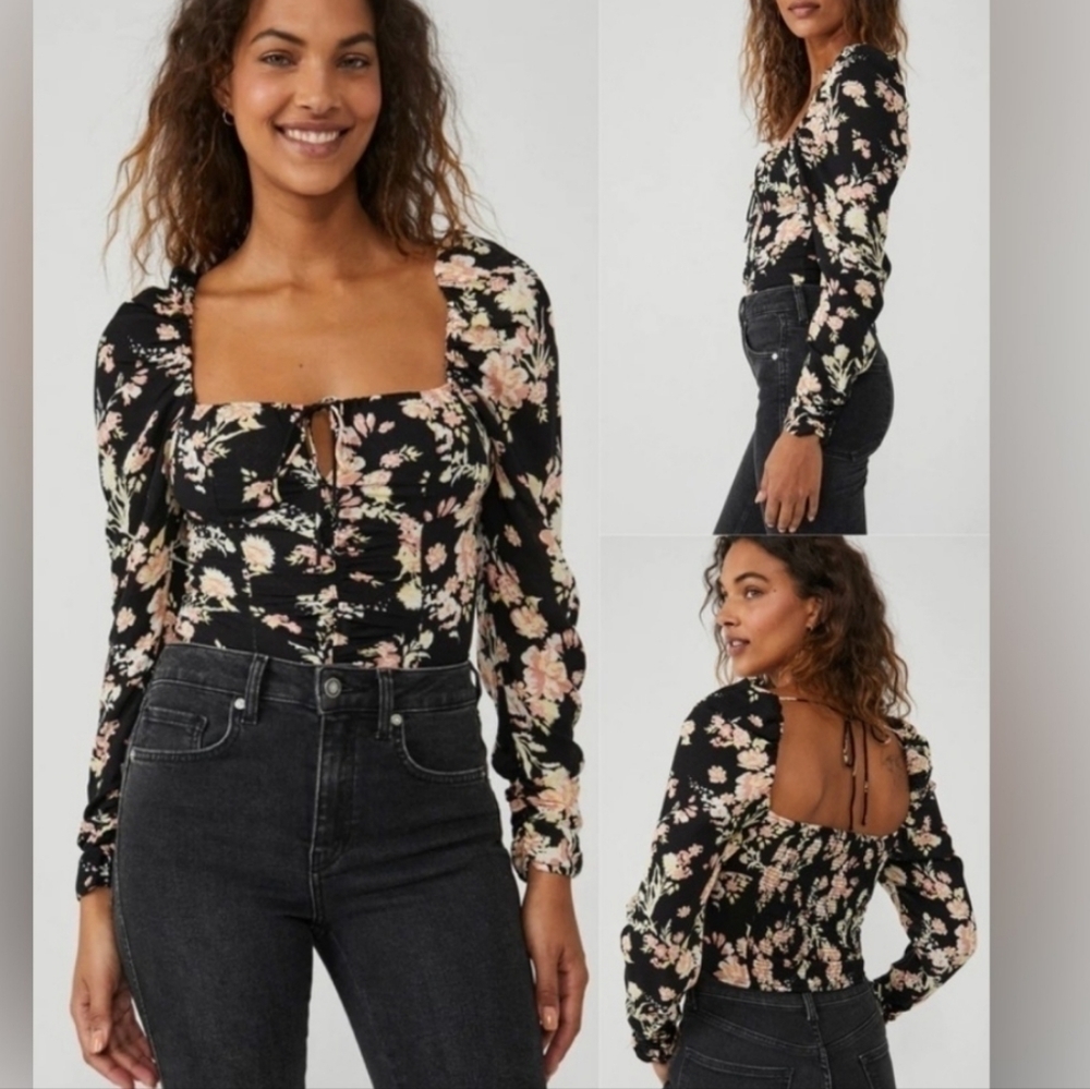 SALE! FREE People HILARY Printed Top Blouse Black Combo Floral New!